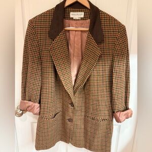 Vintage Brown and Pink Wool Sport Coat Classic Check, suede like buttons collar